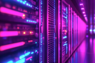 Sticker - Advanced Technology Data Center Featuring Glowing Purple and Blue Server Racks