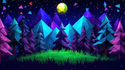 Poster -   A night scene featuring tall trees, lush grass, and a radiant yellow ball hanging in the midnight sky, surrounded by sparkling stars