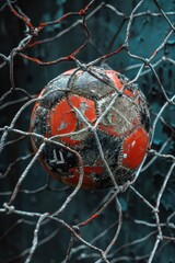 Wall Mural - An orange and black soccer ball is stuck in a net, ready for play