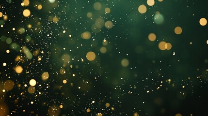 Beautiful dark green Christmas background with shining, golden glitter and empty space. Particles, confetti. Copy space for your text. Merry Xmas, Happy New Year. Festive vertical backdrop.