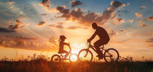 Poster - Father and Daughter Cycling at Sunset