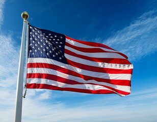 Waving American Flag with Clear Blue Sky Background
