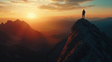 aerial view a man hiker  on the top mountain with sunset view