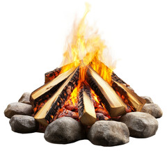 Canvas Print - A bright campfire burns with vibrant flames, surrounded by a circle of smooth stones and stacked firewood, fireplaces campfire on transparent background