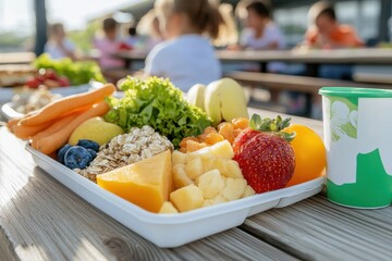 Wall Mural - Healthy School Lunch: A well-balanced school lunch tray with fruits, vegetables, grains, and a small carton of milk. The tray is placed on a wooden table, and in the background, children can be seen e