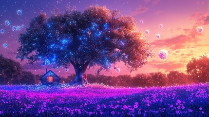 Sticker -   A tree and house in a field with purple flowers