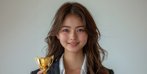 A cheerful young woman in a black blazer smiles while holding a gold trophy. Her joyful demeanor and the award in her hands symbolize success and hard work.