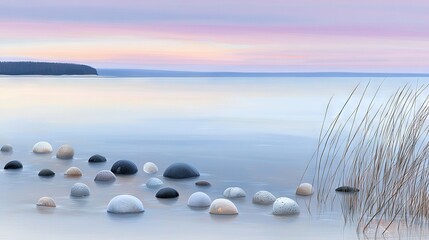 Sticker -   A painting of a beach with rocks in the foreground, water in the background, and an island in the distance