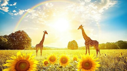 Poster -   Two giraffes standing amidst golden sunflowers under a vivid rainbow sky