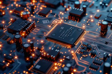 Poster - Close-up view of various electronic components on a circuit board