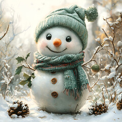 Sticker - Christmas cute snowman in the forest,winter background, 