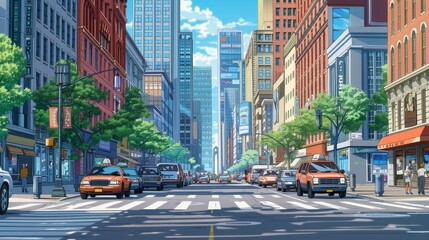 Wall Mural - Create a background image of a busy city scene featuring tall skyscrapers, bustling streets, and a variety of buildings