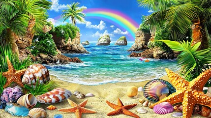 Wall Mural -  Seashells, Starfish, Palm Trees, Rainbow Beach, Rainbow Background