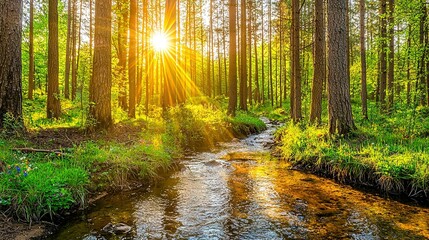 Sticker -   Stream runs through green grass-surrounded forest; tall trees shade sun