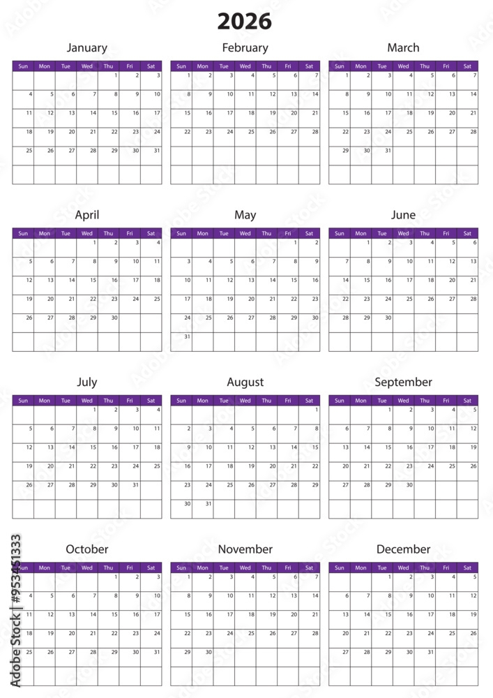 2026 Calendar Template. Vector calendar. Week starts sunday. Calendar