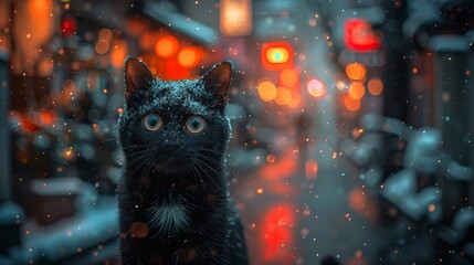 Realistic, a proud black cat with bright blue eyes, short black fur, Japanese winter in Hokkaido, onsen street, night scene, brightly lit with warm lights, heavy snowfall, walking on a red railroad cr