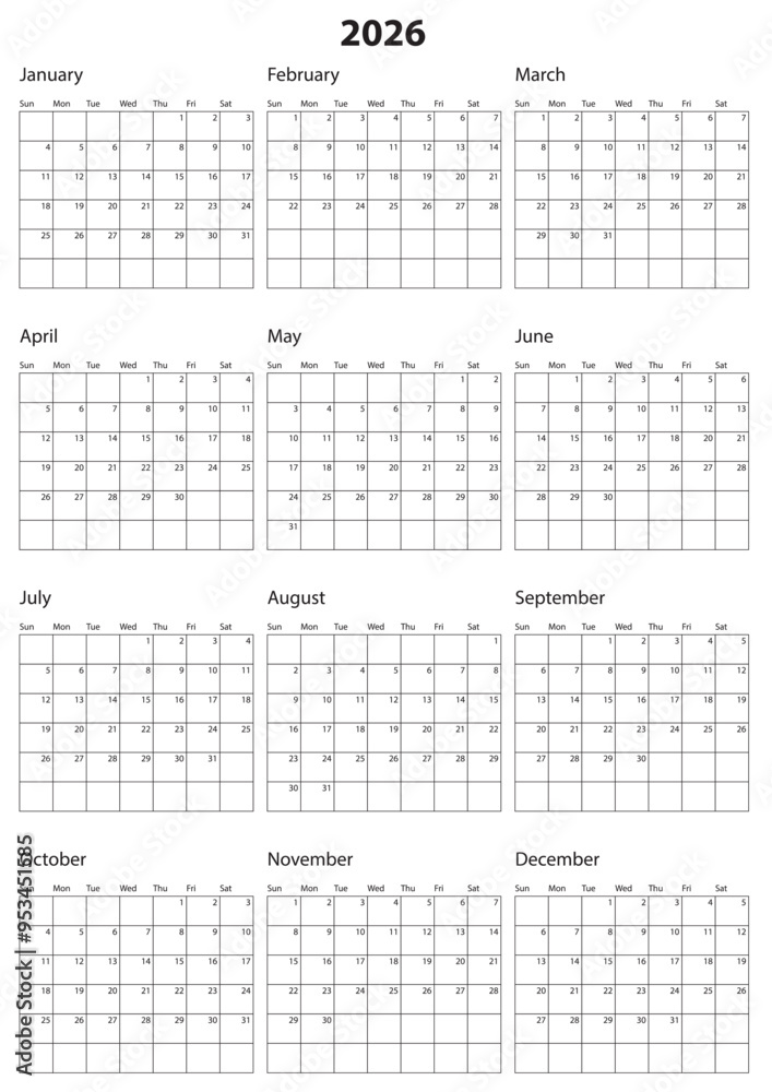 2026 Calendar Template. Vector calendar. Week starts sunday. Calendar ...