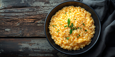 Bowl of risotto with uniform consistency, arranged in the center of the dish