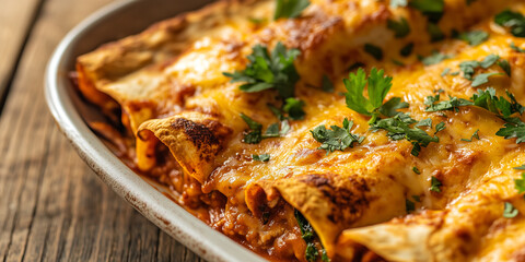 Close-up of enchiladas showing the texture of the tortillas and sauce, served on a plain dish