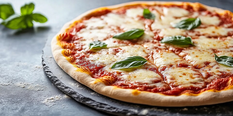 Margherita pizza on a pizza stone, showcasing a uniform layer of melted cheese and tomato sauce