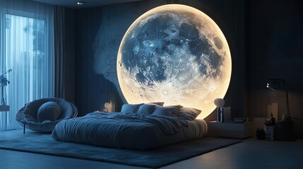 Contemporary bedroom with glowing lunar elements and soft ambient lighting