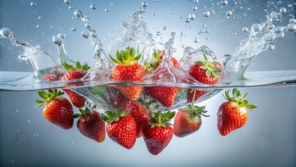 Wall Mural - Fresh strawberries splashing in water on black background eye level