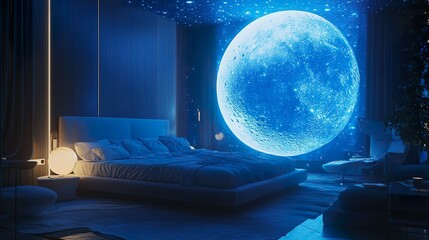 Wall Mural - Stylish bedroom with soft lunar lighting and glowing moonlit decor