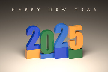 Sticker - Happy New Year 2025. Volumetric multi-colored Numbers of 2025. Trendy Christmas background. Realistic 3d illustration