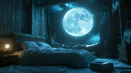 Wall Mural - Stylish bedroom featuring ambient moonlit walls and lunar inspired decor