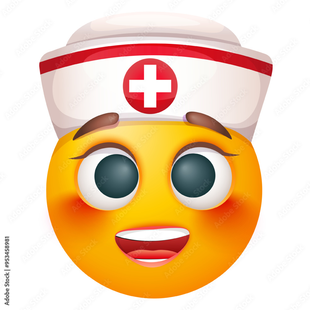 Female nurse emoji on white background. Emoticon with medical nurse cap ...