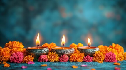 Vibrant Diwali Celebration with Colorful Lanterns and Garlands, Festive Hindu Festival Decorations, Blue Background with Copy Space