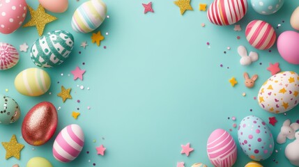 Colorful Easter Eggs Decorated with Stars and Confetti on Blue Background