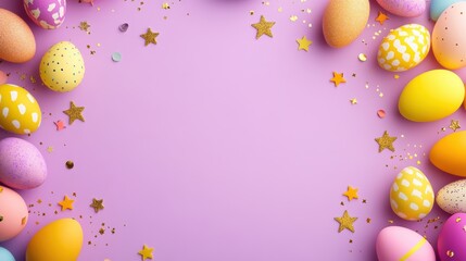 Wall Mural - Colorful Easter Eggs with Gold Stars on Purple Background