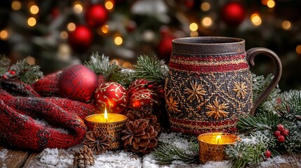 Wall Mural -  A cozy winter scene: a cup of coffee, candle, and a snow-covered blanket beside a Christmas tree