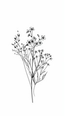 Sticker - a simple line drawing of a bouquet of tiny wildflowers, tattoo design, white background, minimalistic, thin lines, no color, no shadows, white background, simple, logo style, white background, png for