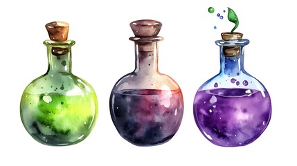 Watercolor Gothic Apothecary Bottles with Purple Potion, Green Apple, and Old Books in Acrylic Painting Style on White Background, High-Resolution Clipart for Halloween and Mystical Themes