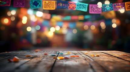 Canvas Print - Empty wooden table with Mexican fiesta background out of focus