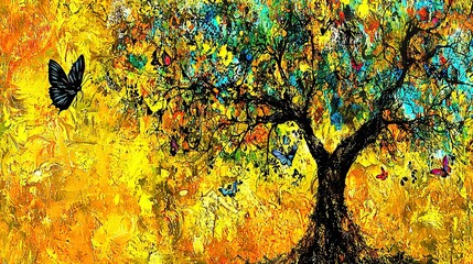 Wall Mural -   A painting of a tree with a butterfly on a yellow background featuring shades of blue, yellow, and orange