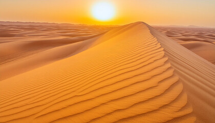 Sand dune against the backdrop of a sunset. Hot sunny weather in the desert. Global warming concept.