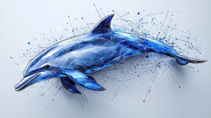 Canvas Print -  Blue dolphin on white background with lines, dots, and pointy design