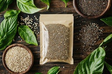 Flat lay of superfoods and grains, including quinoa, chia seeds, and leaves, arranged on a rustic white wooden surface.