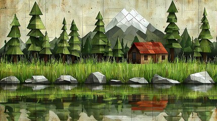 Canvas Print -   A cabin surrounded by lake, rocks, grass, and mountains in the background