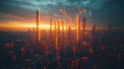 Wall Mural - Futuristic Cityscape with a Digital Stock Chart