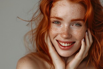 Portrait of a beautiful young woman with freckles, red hair, and perfect skin touching her face while smiling at the camera against a grey background. 