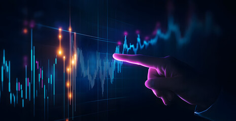 Wall Mural - Businessman hand pointing finger to growth success finance business chart of metaverse technology financial graph investment diagram on analysis stock market background with digital economy exchange.