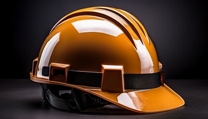 construction helmet, portrait of smiling skier with helmet, hat and helmet, An eye-catching shiny orange hard hat featuring robust black straps, designed for protection and safety in construction 