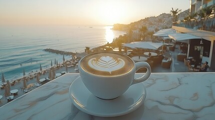   A cappuccino atop a saucer sits beside the ocean on a table