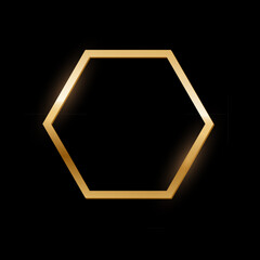 Golden hexagon photo frame on black background. Gold button. Blank space for picture, painting, card. 3d realistic empty template vector illustration. Simple object mockup.