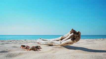 Poster -   A cluster of tiny crabs perched atop a sandy seashore near a sizeable driftwood log