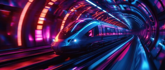 Sticker - High-Speed Futuristic Train Illuminated by Vibrant Pink and Blue Lights in a Modern Tunnel